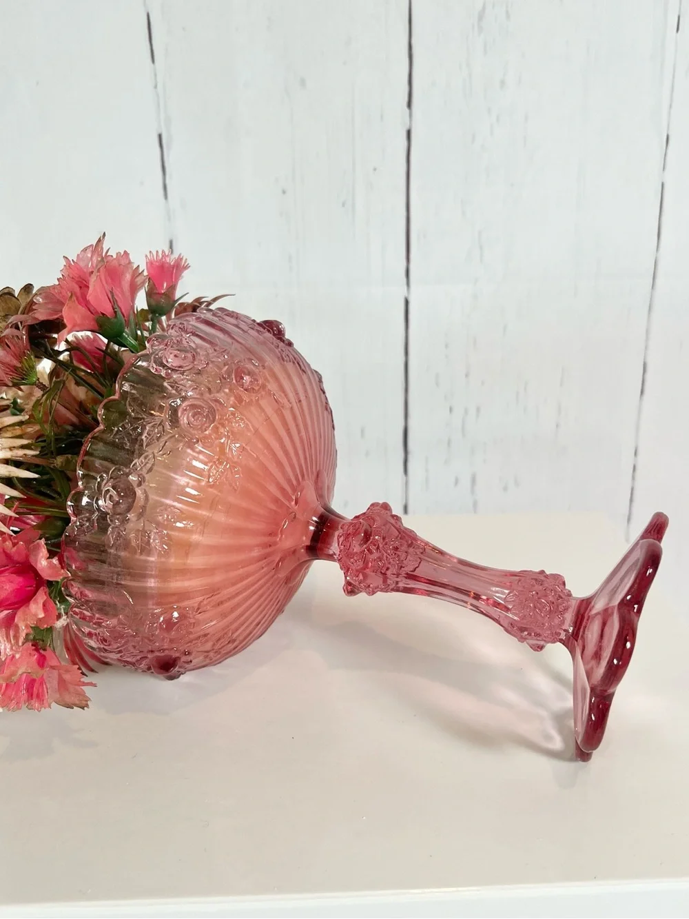 Vintage Fenton Pink Glass Compote with Mid Century Plastic Floral Arrangement